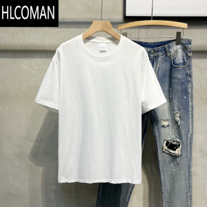 HLCOMAN夏季美式厚实短袖t恤男女士基础款圆领纯色打底衫白色潮