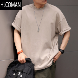 HLCOMAN 美式宽松小领口短袖T恤男300g夏季休闲纯色大码体恤