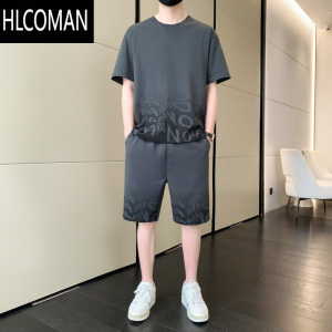 HLCOMAN冰丝套装男士夏季2024新款薄款短袖t恤运动时尚休闲男生夏天短裤