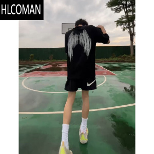 HLCOMAN设计感渲染羽翼印花短袖T恤男夏季新款cleanfit美式高街半袖上衣