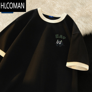 HLCOMANGeniomode螺纹短袖t恤男夏季薄款宽松潮牌男生猫咪黑色半袖