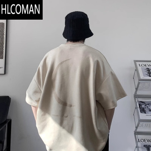 HLCOMAN绒短袖T恤男款夏季宽松大码衣服美式半袖体恤衫