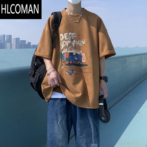 HLCOMAN绒短袖t恤2024新款男夏季潮流美式复古潮牌痞帅炸街高级体恤