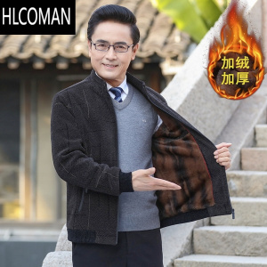 HLCOMAN中年爸爸冬装加绒加厚外套男士夹克中老年人p暖棉衣雪尼尔