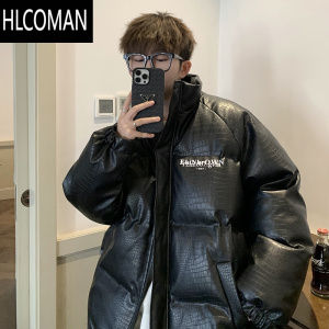 HLCOMAN冬季韩版情侣羽绒服ins潮鳄鱼纹PU皮衣立领免洗面包服男棉服外套