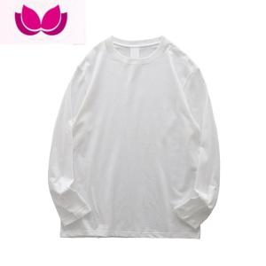 七斓美式210g长袖t恤男秋季小领口休闲打底衫纯白色卫衣