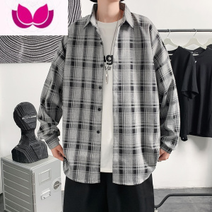七斓秋季港风复古格子衬衫男长袖韩版潮流宽松休闲寸衫青少年衬衣外套
