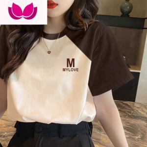 七斓拼接棕色短袖t恤女2023年夏季新款上衣韩版宽松小众设计感潮