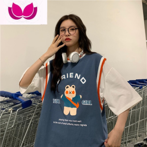 七斓假短袖t恤女2023韩版设计感卡通卫衣宽松上衣蓝球T