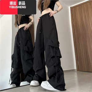 YIBUSHENG美式复古工装裤女季高腰直筒阔腿设计感小众宽松休闲拖地长裤潮
