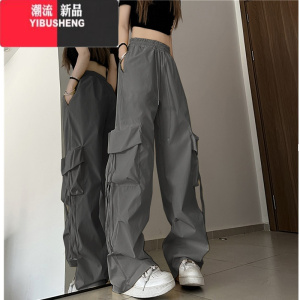 YIBUSHENG高个子长美式设计感工装阔腿裤女季薄款高腰垂坠加长版运动裤