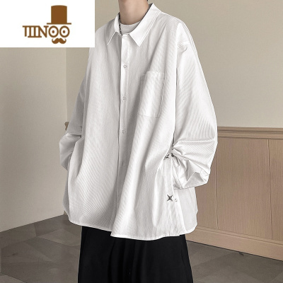 YANXU开叉白色长袖衬衫男秋季设计感小众休闲衬衣痞帅感古巴领外套