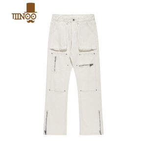 YANXU高街vibe风裤子小众设计感微喇叭伐木工装机能拉链牛仔裤男女