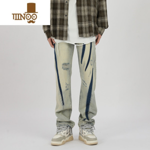 YANXU美式黄泥牛仔裤男夏季潮牌小众设计感直筒裤vibe高街撞色喷印长裤