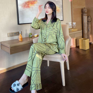 SHANCHAO冰丝睡衣女2023年新款高级感长袖薄款绿色家居服夏款套装