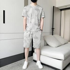 SHANCHAO睡衣男夏季可外穿冰丝短袖短裤套薄款休闲时尚男士家居服套装
