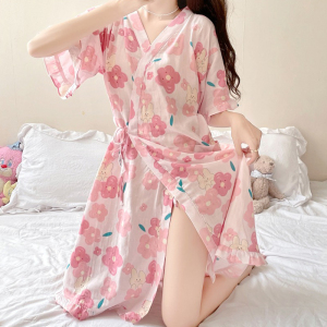 SHANCHAO日式系带睡袍女夏季2022年新款短袖薄款性感睡裙浴衣浴袍家居和服