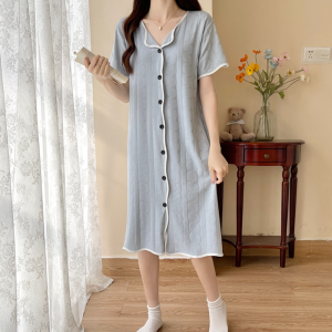 SHANCHAO睡裙女夏季短袖2023年新款甜美开衫大码长款杏色家居服睡衣裙