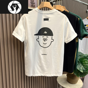 HongZun2023夏季新款潮牌短袖T恤男韩版修身潮流卡通刺绣简约半袖打底衫