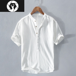 HongZun清新立领套头T恤短袖棉麻衬衫男士休闲夏季宽松青年文艺亚麻衬衣