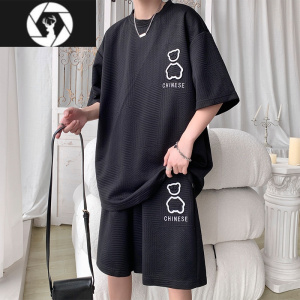 HongZun小熊t恤男士夏季潮牌宽松短袖短裤篮球服一套华夫格运动套装