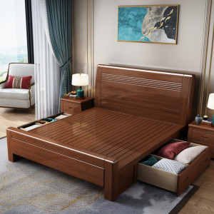 兰秀家居 床 金丝胡桃木实木床现代中式1.8米卧室家具气压储物主卧双人床婚床