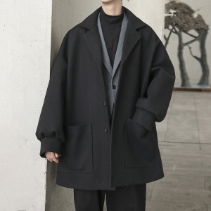 SUNTEK设计感风衣男韩版中长款潮流宽松帅气毛呢子外套潮牌2020新款秋冬风衣