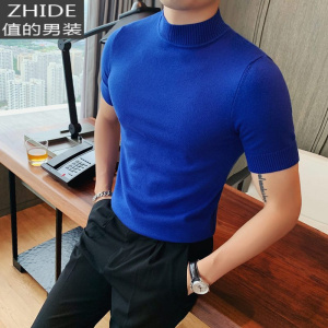 SUNTEK春季韩版修身男士半高领短袖T恤型男紧身弹力针织衫中领打底线衫T恤