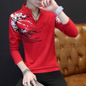 SUNTEK长袖t恤男韩版修身青年红色本命年立领体恤打底衫春季新款上衣潮T恤