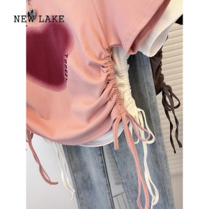 NEW LAKE粉色正肩短袖t恤女夏季2024新款修身体恤设计感小个子短款上衣