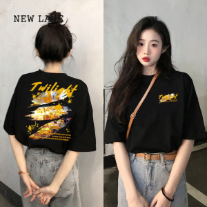 NEW LAKE短袖t恤女夏学生韩版新款印花百搭半袖纯棉chic设计感宽松上衣潮
