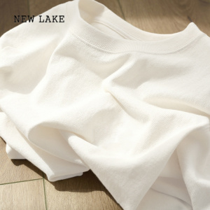 NEW LAKE白色纯棉质感短袖t恤女夏季美式复古高级感别致漂亮正肩上衣