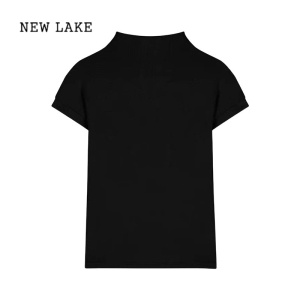 NEW LAKE黑色半高领正肩短袖t恤女早春2024年新款夏季紧身打底衫短款上衣