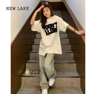 NEW LAKE国潮美式字母纯棉短袖t恤女夏季2024新款设计感小众大码上衣ins潮