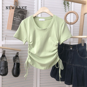 NEW LAKE双侧边系带褶皱感短袖T恤女2024夏季新款修身韩版小个子短款上衣