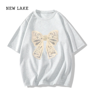 NEW LAKE黑色蝴蝶结短袖t恤夏季2024新款小个子设计宽松女生初春上衣