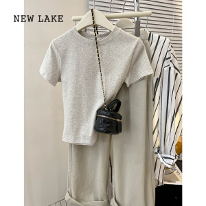 NEW LAKE法式正肩短款上衣女装夏季新款高级感时尚洋气减龄螺纹短袖女t恤