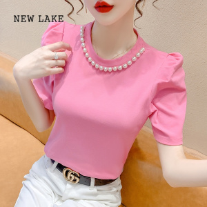 NEW LAKE2024夏季新款漂亮气质钉珠泡泡短袖修身t恤女设计感小众短款上衣