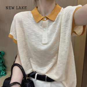 NEW LAKE2024夏季新款宽松薄款polo衫女短袖t恤时尚设计感拼色三粒扣上衣