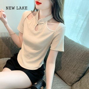 NEW LAKE短袖t恤女2024年新款夏季新中式女装国风设计感挂脖短款上衣