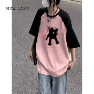NEW LAKE黑粉色撞色t恤女设计感小众拼接短袖夏季潮牌美式别致插肩袖上衣