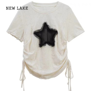 NEW LAKE大码不规则设计感美式复古t恤胖mm夏季女装新款抽绳短款辣妹上衣