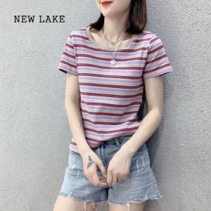 NEW LAKE2024夏季新款女士纯棉短袖t恤条纹上衣服女装体恤修身小个子