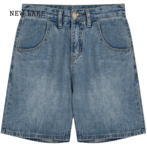 NEW LAKE夏季薄款高腰直筒牛仔短裤裤子女深蓝色个性纽扣宽松中裤五分裤