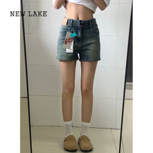 NEW LAKE大码美式做旧牛仔短裤女夏季胖mm高腰显瘦设计感宽松休闲直筒裤子