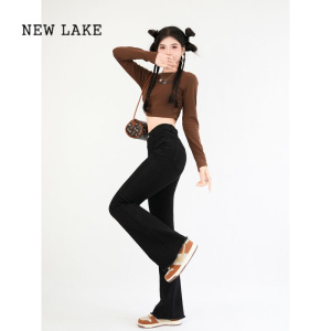 NEW LAKE复古高腰微喇牛仔裤女2024年春秋新款修身显瘦毛边马蹄裤喇叭长腿