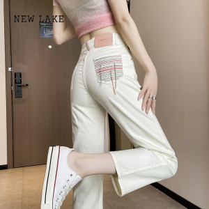 NEW LAKE米白色烟管牛仔裤女春季2024年新款小个子设计感白色法棍直筒裤子