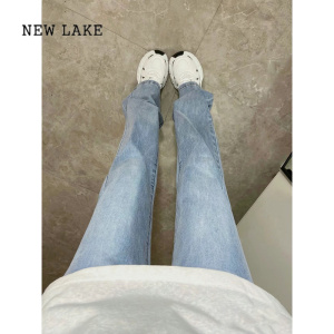 NEW LAKE黑色直筒牛仔裤女2024新款高腰显瘦宽松小个子大码窄版烟管裤