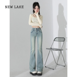 NEW LAKE美式浅蓝色高腰微喇牛仔裤女2024年春秋新款小个子弹力显瘦喇叭裤