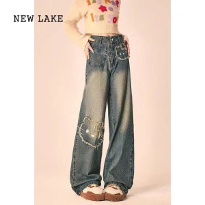 NEW LAKE直筒牛仔裤女夏季薄款2024新款设计感美式高腰阔腿宽松拖地裤夏天
